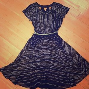 Navy and Tan Polka Dot Tea Length Dress